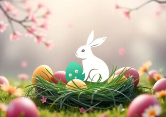 Easter bunny and lots of colorful eggs