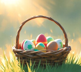 A basket with Easter eggs on the meadow