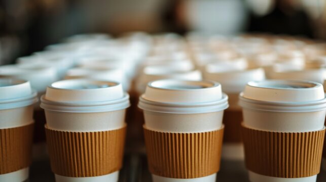 Recyclable paper coffee cups in bulk, highlighting a waste reduction concept