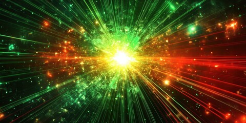 Naklejka premium Vibrant cosmic burst with radiant green and red light rays in space