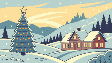 Festive winter landscape with a village in the background and festive SVG, Christmas tree in the foreground SVG. Illustration can be used as a Christmas holiday card AI, Day, EPS, PNG, JPEG File.
