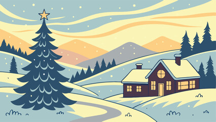 Fototapeta premium Festive winter landscape with a village in the background and festive SVG, Christmas tree in the foreground SVG. Illustration can be used as a Christmas holiday card AI, Day, EPS, PNG, JPEG File.