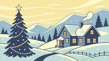 Festive winter landscape with a village in the background and festive SVG, Christmas tree in the foreground SVG. Illustration can be used as a Christmas holiday card AI, Day, EPS, PNG, JPEG File.