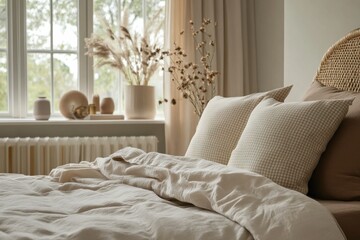 Cozy bedroom with soft linens, decorative pillows, and natural light streaming through the window