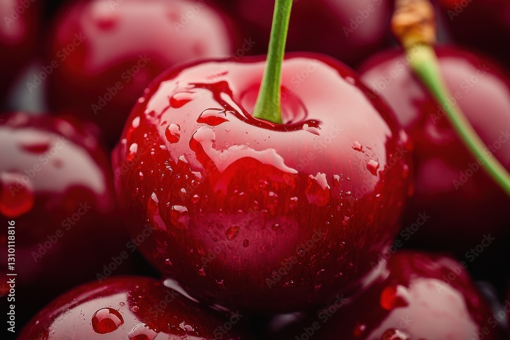 Aufkleber fresh cherries with raindrops glistening under soft light in a close-up setting, showcasing their ri