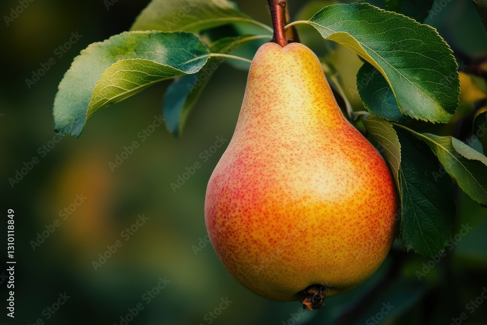 Poster brightly colored pear hangs from branch surrounded by green leaves in a lush orchard during late aft