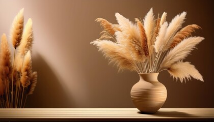 Vintage Elegance Dried Flowers and Pampas Grass Arrangement in a Rustic Ceramic Vase, Radiating a Warm, Cozy Atmosphere.
