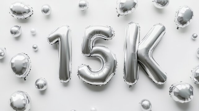 Silver foil balloons shaped as 15k surrounded by metallic spheres on white background