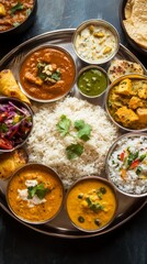 This thali features traditional Indian dishes like dals, curries, rice, and fresh veggies, all beautifully arranged on a stainless steel platter for a delightful culinary experience