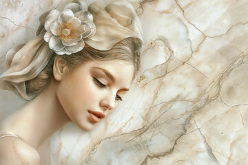 A stunning mural on marble featuring the serene face of a beautiful woman, her expression calm and graceful