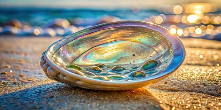 Transparent abalone shell partially exposed in the sand at low tide