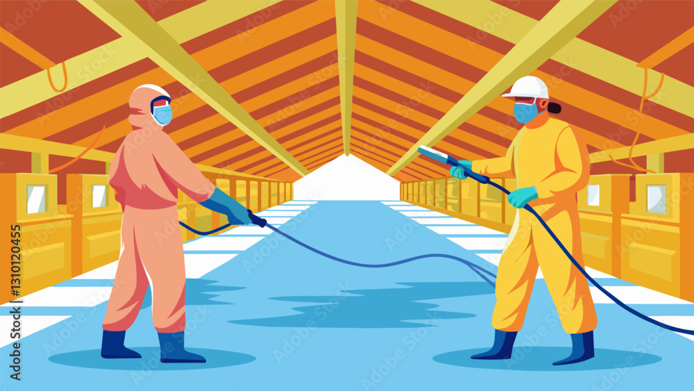 Poster workers donning protective suits and using special tools to apply spray foam insulation to the ceili