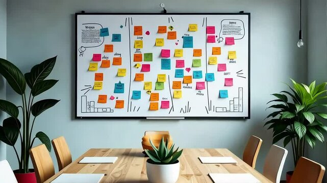 Creative workspace featuring a whiteboard filled with colorful sticky notes, symbolizing brainstorming and collaboration