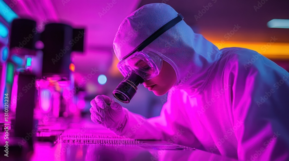 Poster scientist in protective suit examines sample under microscope in lab.