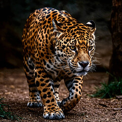Fototapeta premium Jaguar walking piercing eyes, generative ai