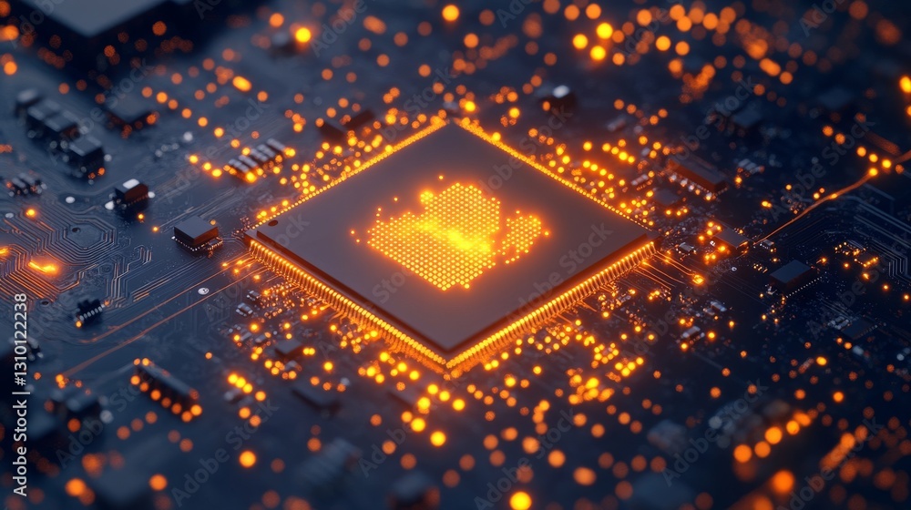 Poster a design of a futuristic circuit board with a bright cpu and neon orange lines set against a dark ba