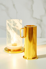 two decorative objects against a light, textured background. The object on the left appears to be a candle holder, featuring a frosted glass or translucent material forming a cylindrical shape