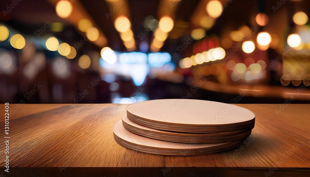 Poster empty beer coasters mockup on rustic wooden table top view of set in blurred bar ambiance, capturing
