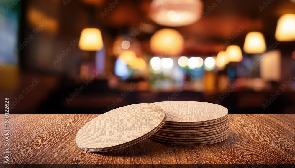 Poster vintage wooden tableau empty beer coasters in a soft focus bar setting, creating an inviting atmosph