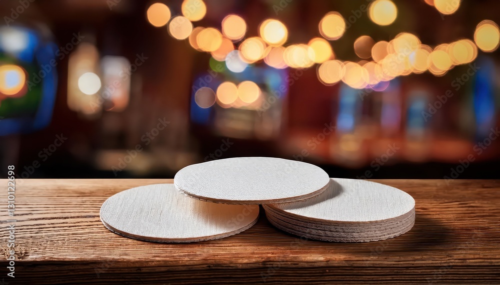 Poster empty beer coasters set on rustic wooden tabletop a top view showcasing a blurred bar ambiance, invo