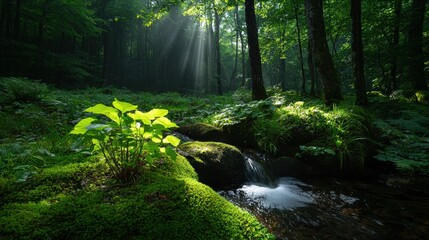Sunlit Forest Stream, Lush Greenery