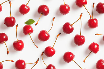seamless pattern featuring cute, coquette-style red cherries with stems, scattered across a crisp white background 