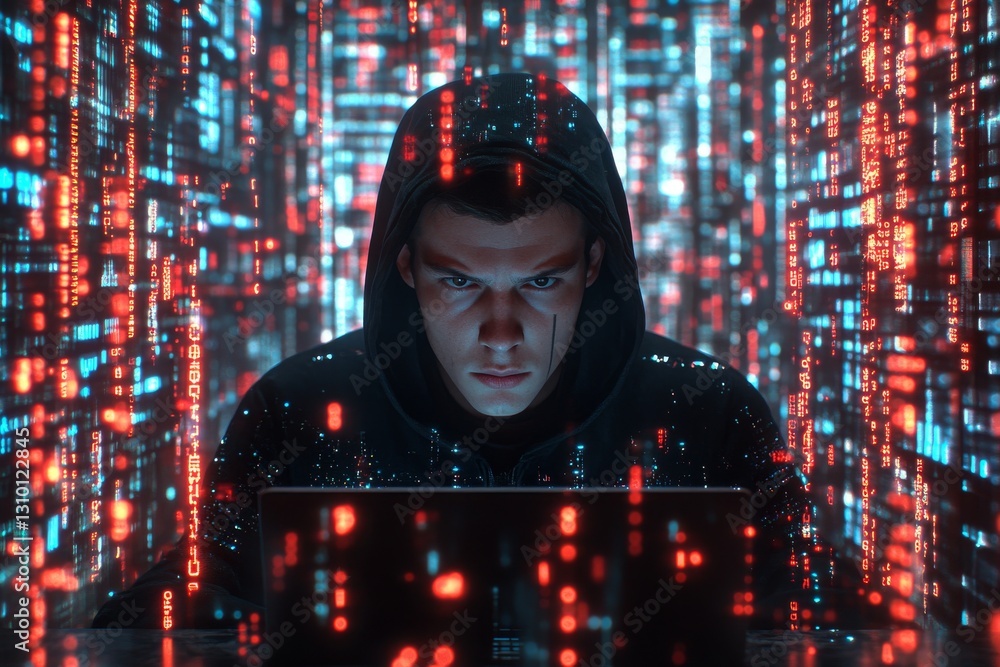 Poster a programmer examines financial data on a cutting-edge virtual interface while working on a laptop