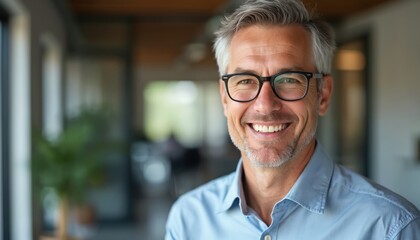 Pro cheerful businessman in business casual wear with glasses looks at camera with charming smile in blurred office. Mature grey hair man in shirt, confident successful executive, leader portrait.