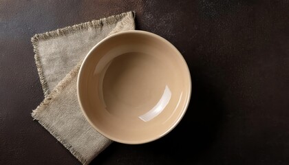 Empty Beige Bowl on Dark Grunge Backdrop Minimalistic Serenity Amidst Textured Rusticity, Linen Napkin Softly Draped, Evoking a Sense of Calm and Sophistication