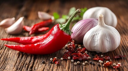 Rustic wooden table, chili peppers, garlic, spices, cooking background, food photography