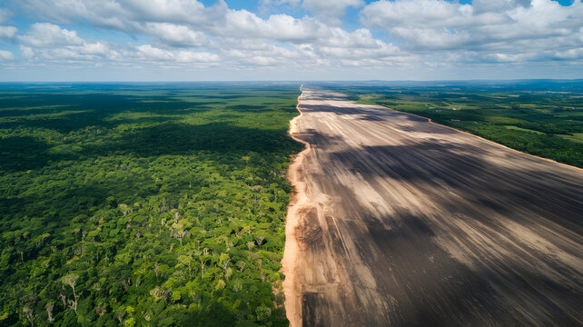 Aerial view of a striking landscape showcasing deforestation effects along the Amazon River basin