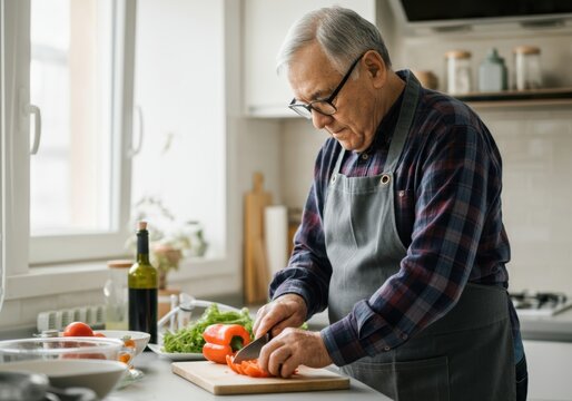 Senior man chopping fresh vegetables in a modern kitchen setting