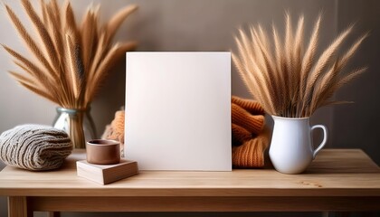 Invitation Template Tranquil Cozy Clothing Boutique Ambiance with a Minimalist Touch, Set Against a Warm Wooden Table in a Tastefully Neutral Environment