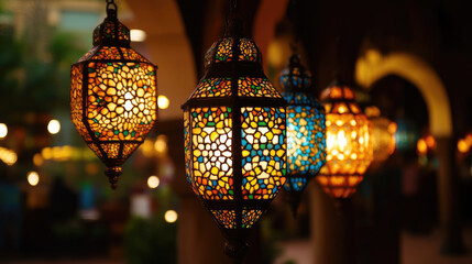 Colorful mosaic lanterns hanging in a vibrant market, illuminating the evening atmosphere