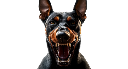 Angry doberman dog, isolated on transparent background. Doberman dog portrait. Post-processed generative AI