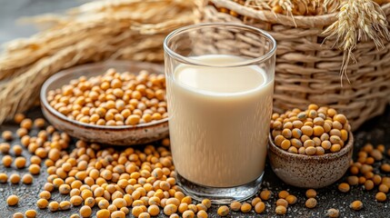 A healthy display of soy beans next to a glass of milk on a clean surface perfect for textual content and nutritional insights
