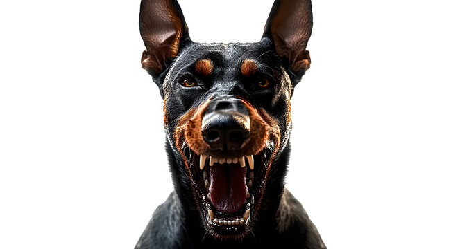 Angry doberman dog, isolated on transparent background. Doberman dog portrait. Post-processed generative AI