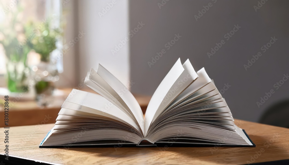 Poster 3d render empty book on rustic wooden table against a minimalist background, highlighting realistic 