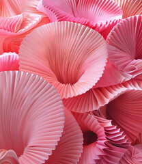 A vibrant, close-up view of intricately pleated, pale pink paper formations, resembling stylized flowers.