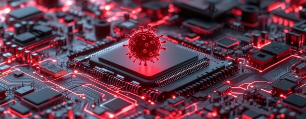 **Cocktail Bartending Techniques Concept. AI for Healthcare Cybersecurity. Visual of Red and Black Virus Particles on a Circuit Board in a High-Tech Environment.**