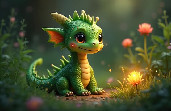 Small cute green dragon in grass surrounded by flowers and lights. Spring or summer. Funny cartoon dinosaur illustration with big eyes, tail. Sweet cheerful animal character for kids designs.