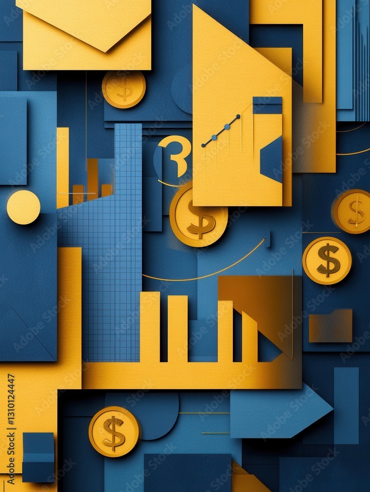 Poster sophisticated paper art design showcasing layered geometric shapes representing financial growth thr