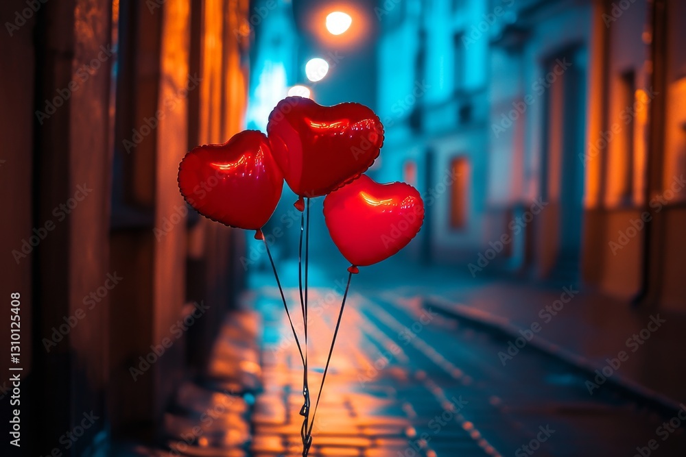 Poster red balloons in the shape of hearts dangling from a white string with a bokeh lights backdrop