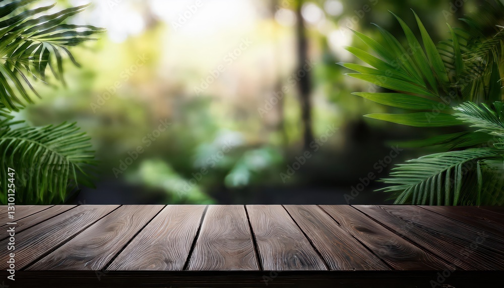 Poster empty table top illuminated by blurred plants and shadows in a mystical twilight, embracing serenity