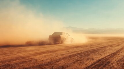 Fototapeta premium Car drifting on a desert road, kicking up dust.