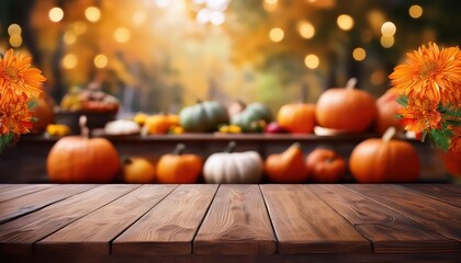 Moody Autumn Tableau An Empty Dark Wood Table Top Amidst a Blurred, Bright and Festive Thanksgiving Backdrop, Exuding Warmth and Serenity