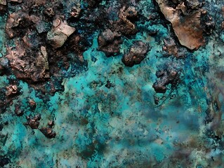 Obraz premium Copper hydroxide texture on a turquoise background with various minerals present in layers