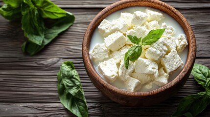 A bowl of creamy soft cheese perfectly styled with a rustic background creating a warm and inviting atmosphere