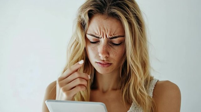 Digital Dilemma: Captivating portrait of a fair-skinned woman with a furrowed brow as she navigates a digital tablet, illustrating the complexities of modern life and the challenges of technology