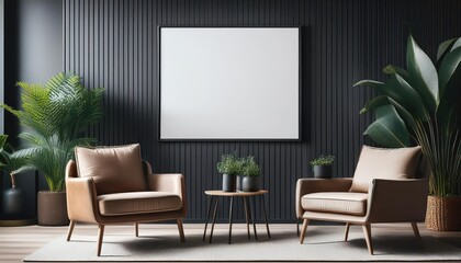 Minimalist Elegance Dark Living Room Mockup with Empty Frame, Armchairs, and Potted Plant Artistic, Monochromatic, and Striking Interior Design Idea